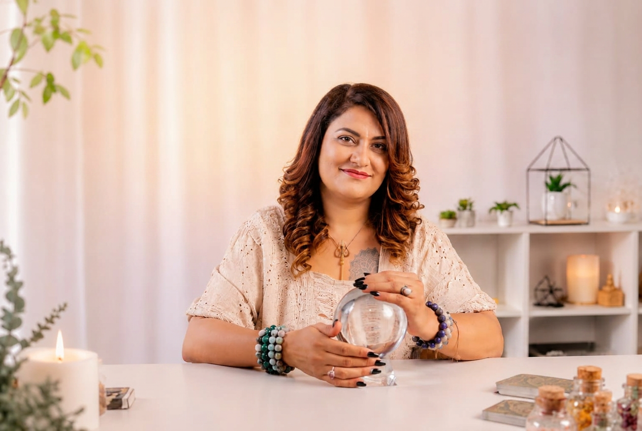 Astrologer Bhumika Bhinde reading a kundali chart at her desk